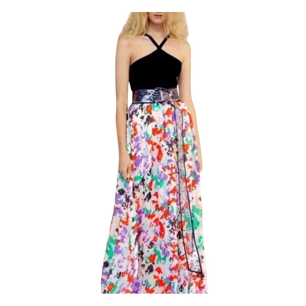 Tanya Taylor Black Ribbed Knit Floral Silk Blend Maxi Dress Small